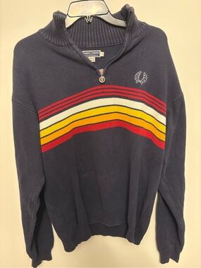 Vintage Fred Perry Sportswear 1/4 Zip Sweater Large Multi Stripe Knit Jumper
